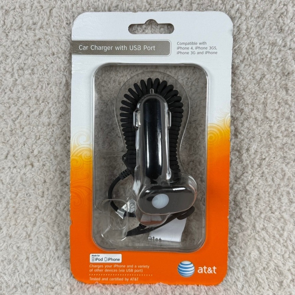 AT&T Car Charger with USB Port for iPhone 4 3GS 3G iPod 30-Pin Coiled Cable